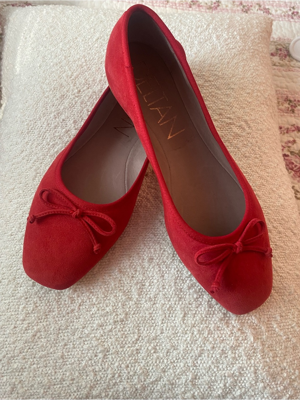 DELTAN Red Suede Ballet Flats with Bow Accent